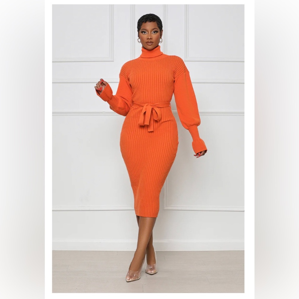 Lillly’s Kloset Fine Line High Neck Sweater Dress (Orange) Sm IG: lillyskloset